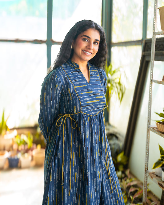 Skye Blue Tie-up Fit and Flare A-line Midi Dress