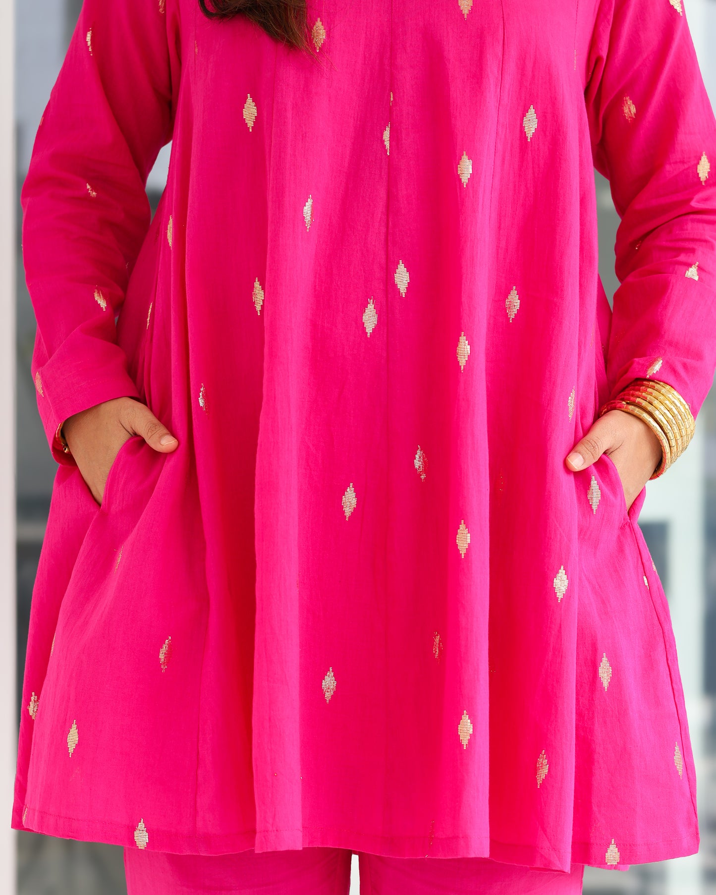 Rani Pink Cotton Lurex Short Kurta Set
