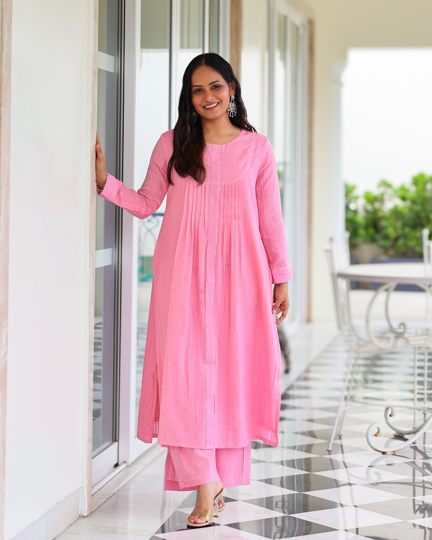 Harleen Pink Cotton Lurex Straight Kurta Set