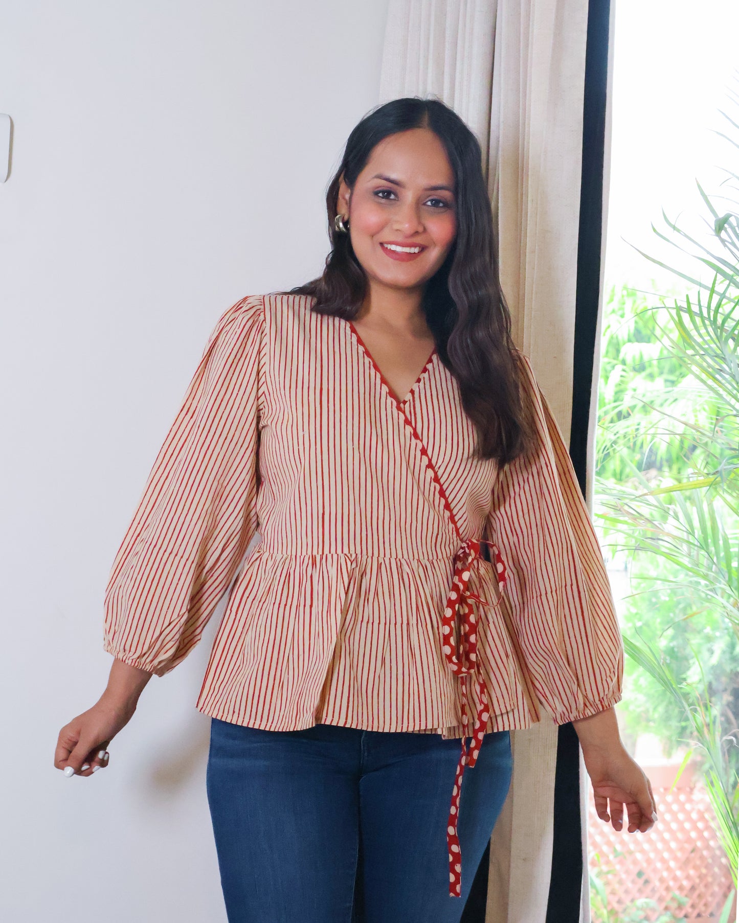 Sarah Striped HandBlock Print Wrap-style Cotton Top