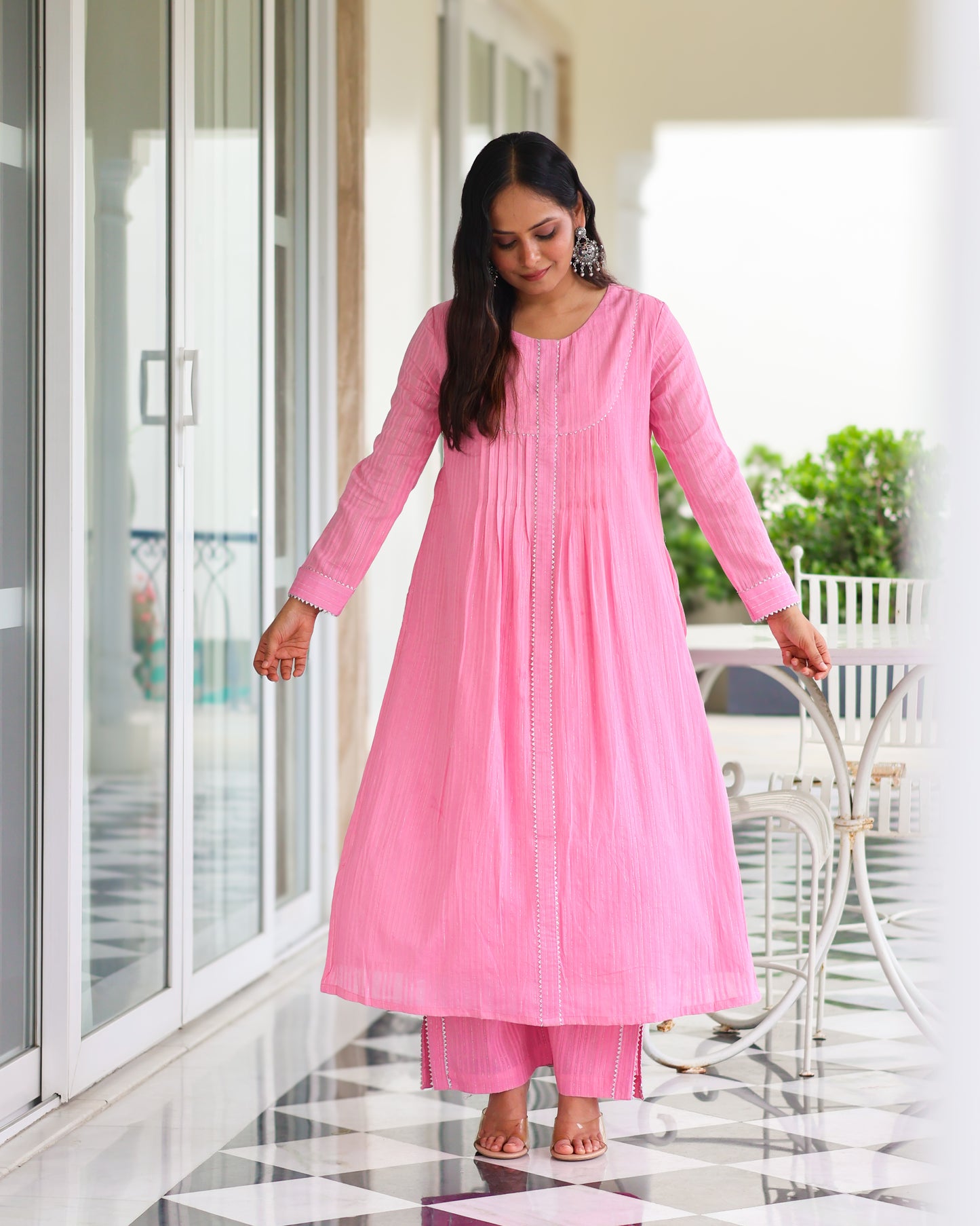 Harleen Pink Cotton Lurex Straight Kurta Set