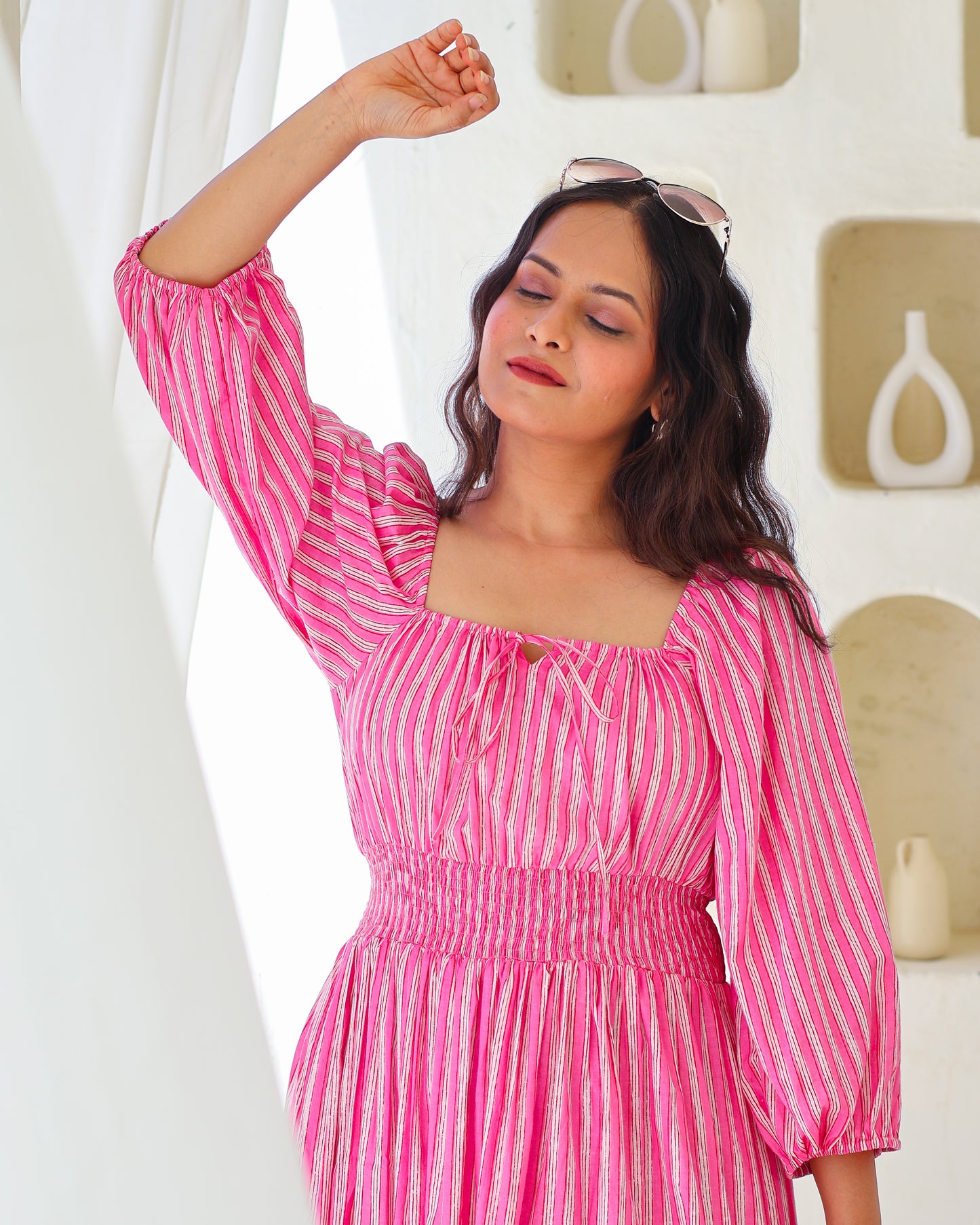 Sydney Pink Striped Cotton Tiered Midi Dress