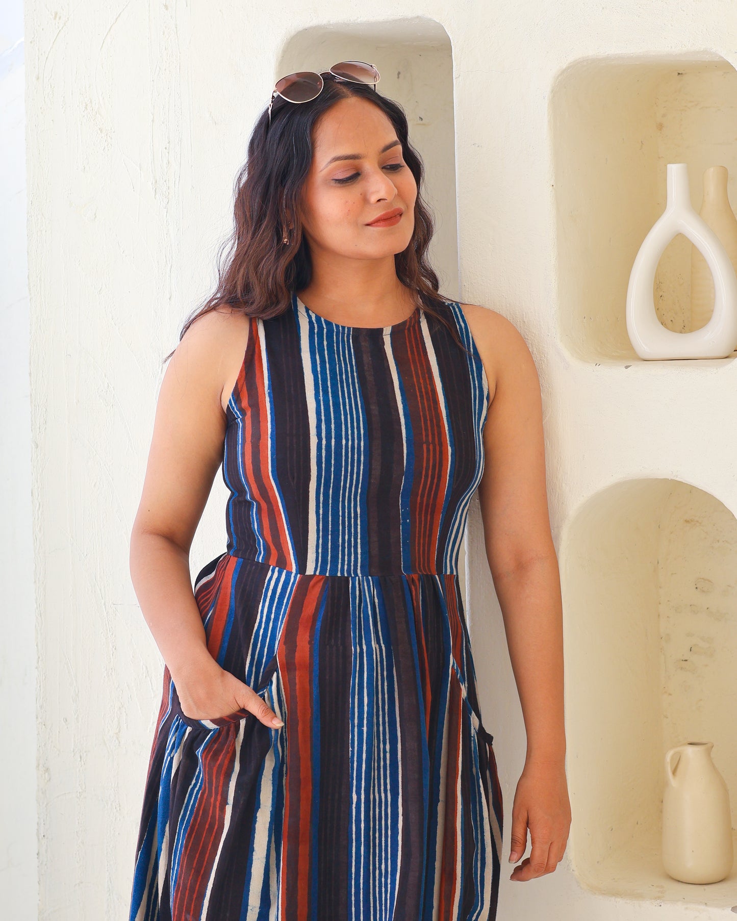 Megan Striped Jahota HandBlock Print Midi Dress
