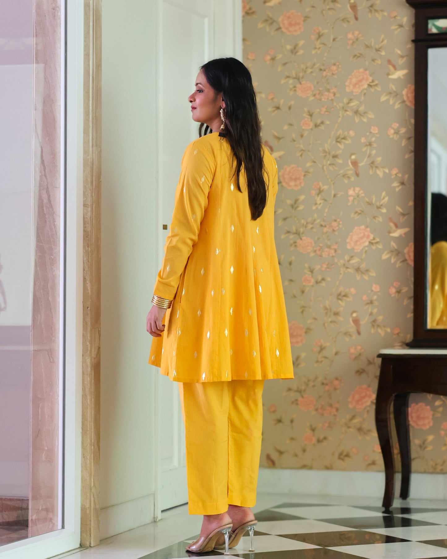 Kesar Yellow Cotton Lurex Short Kurta Set