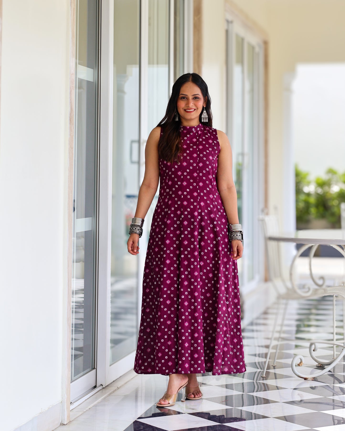 Aditi Purple Bandhani Print Cotton Maxi Dress