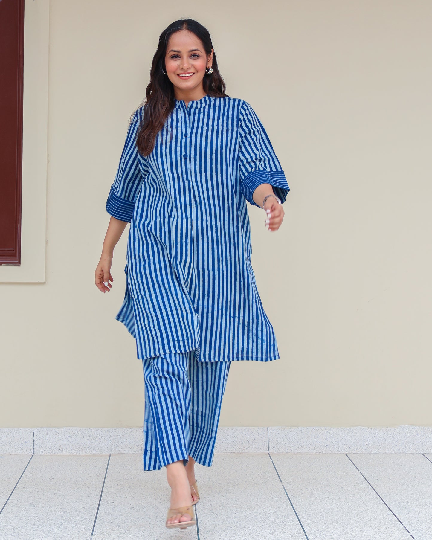 June Indigo Dabu HandBlock Stripes Print Cotton Kurta Set