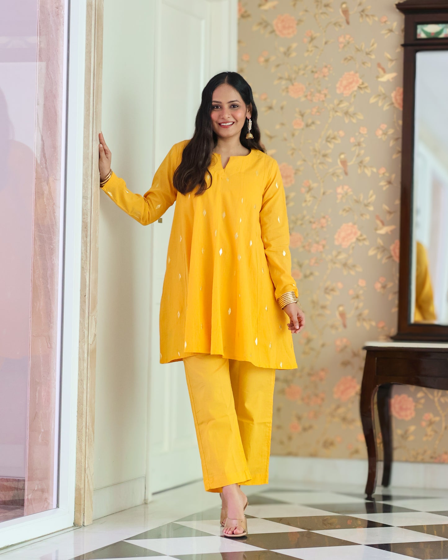 Kesar Yellow Cotton Lurex Short Kurta Set