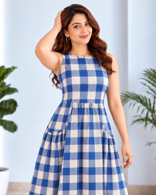 Thea Checkered Black Cotton Midi Dress