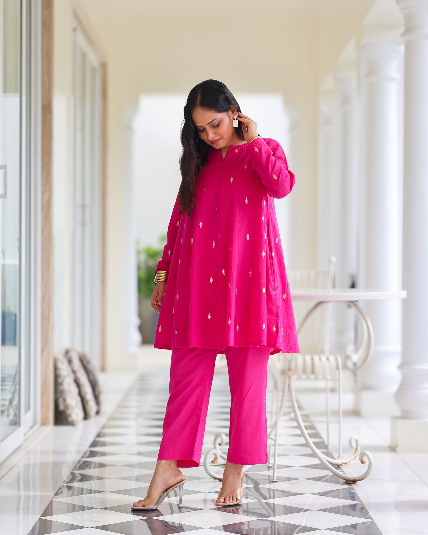 Rani Pink Cotton Lurex Short Kurta Set