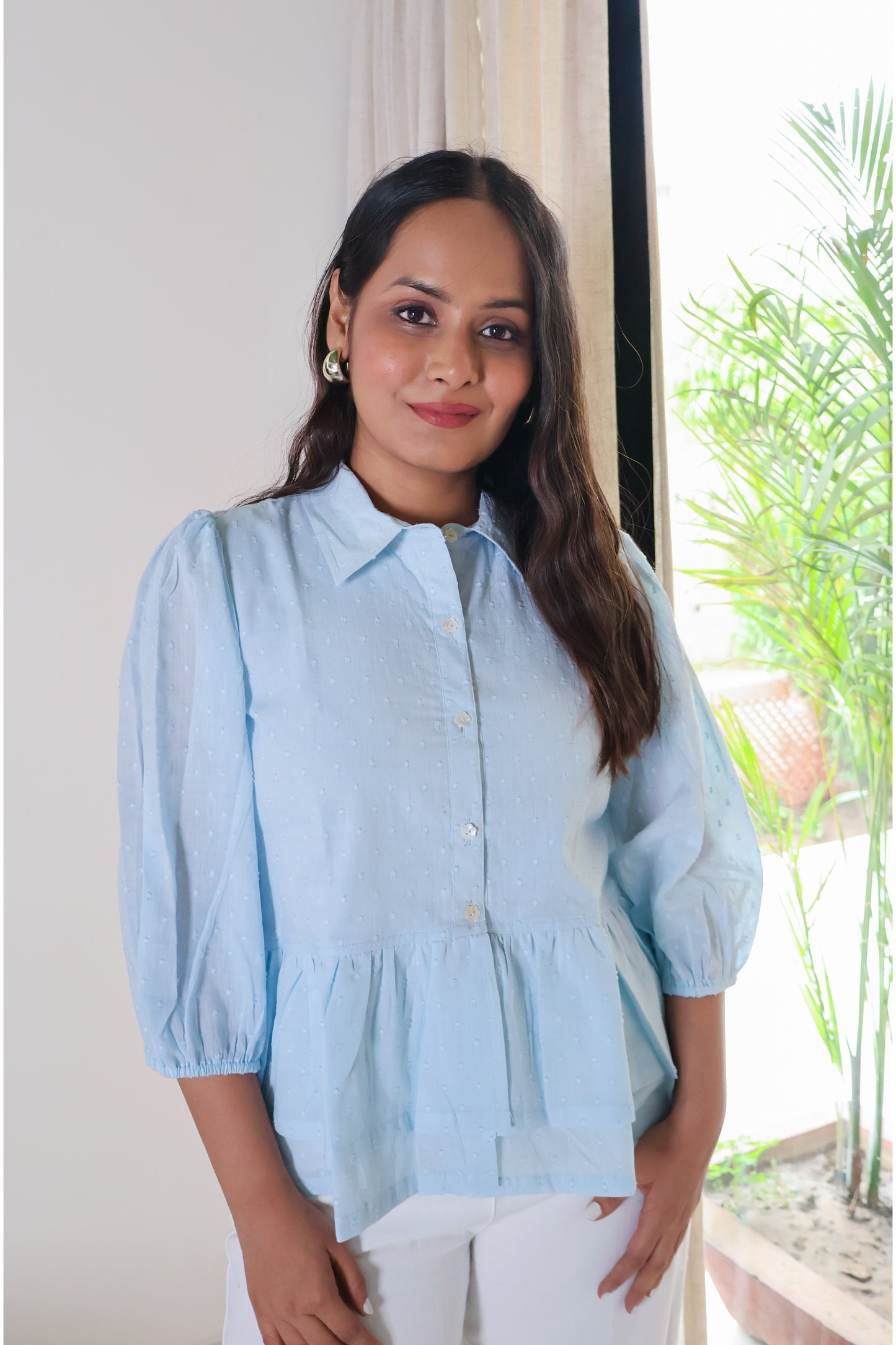 Angelina Collared Peplum Textured Cotton Top
