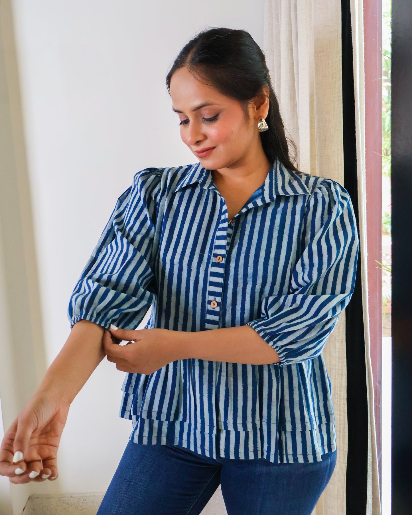 June Indigo Striped HandBlock Print Collared Peplum Cotton Top