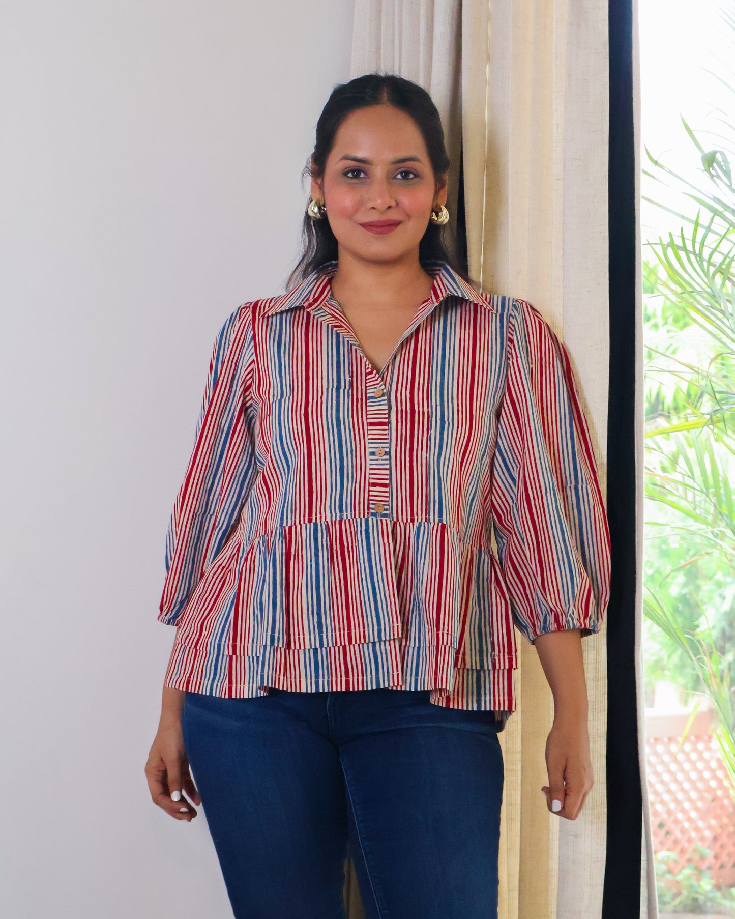Faith Striped HandBlock Print Collared Peplum Cotton Top