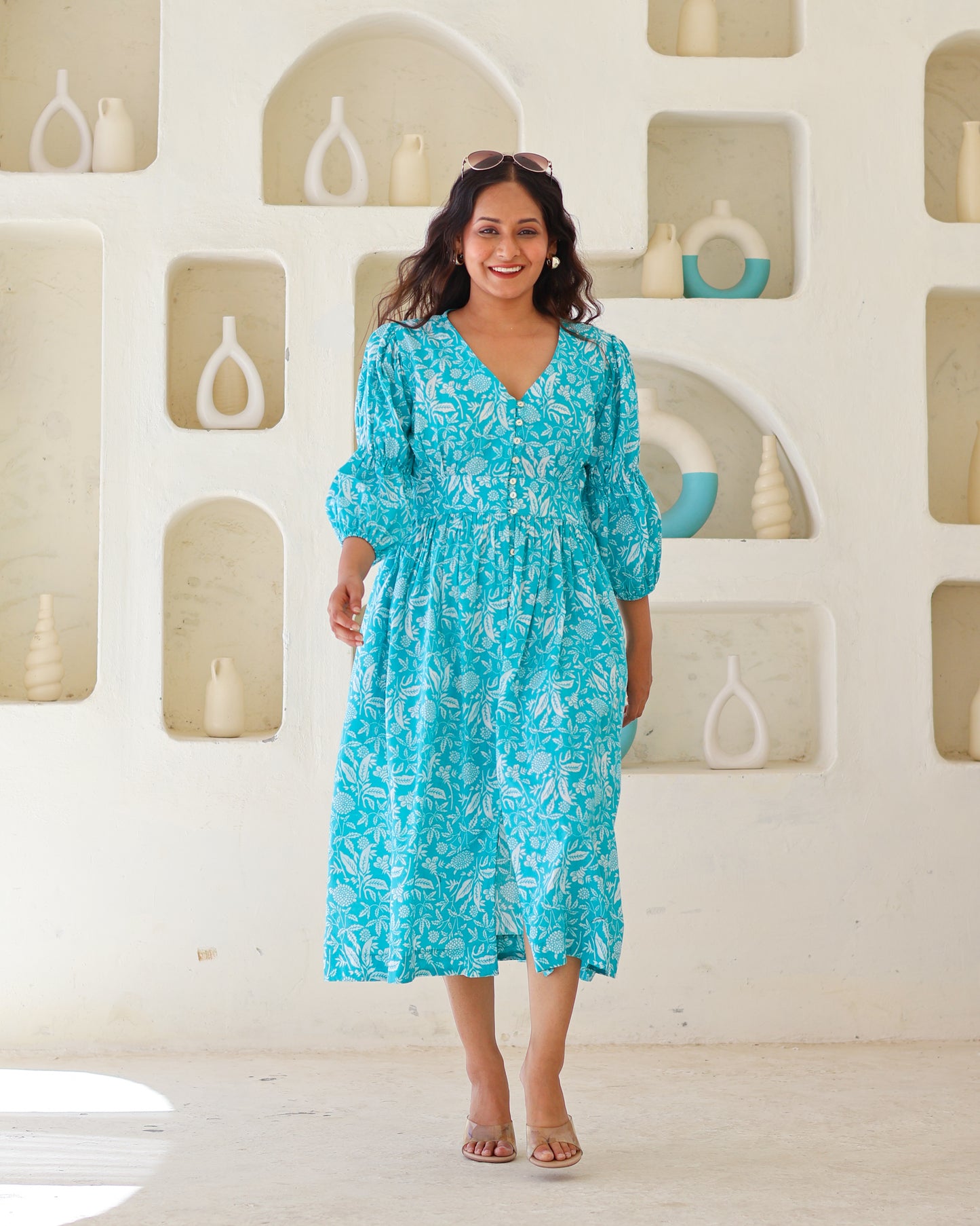 Bella Blue Fit-and-Flare Cotton Midi Dress