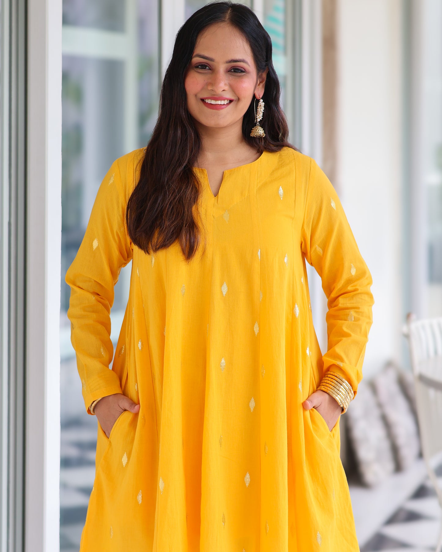Kesar Yellow Cotton Lurex Short Kurta Set