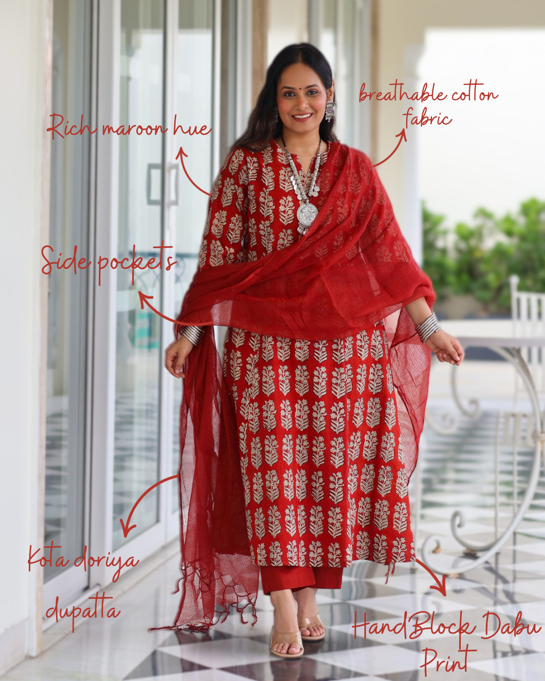 Durga Red HandBlock Print Suit Set