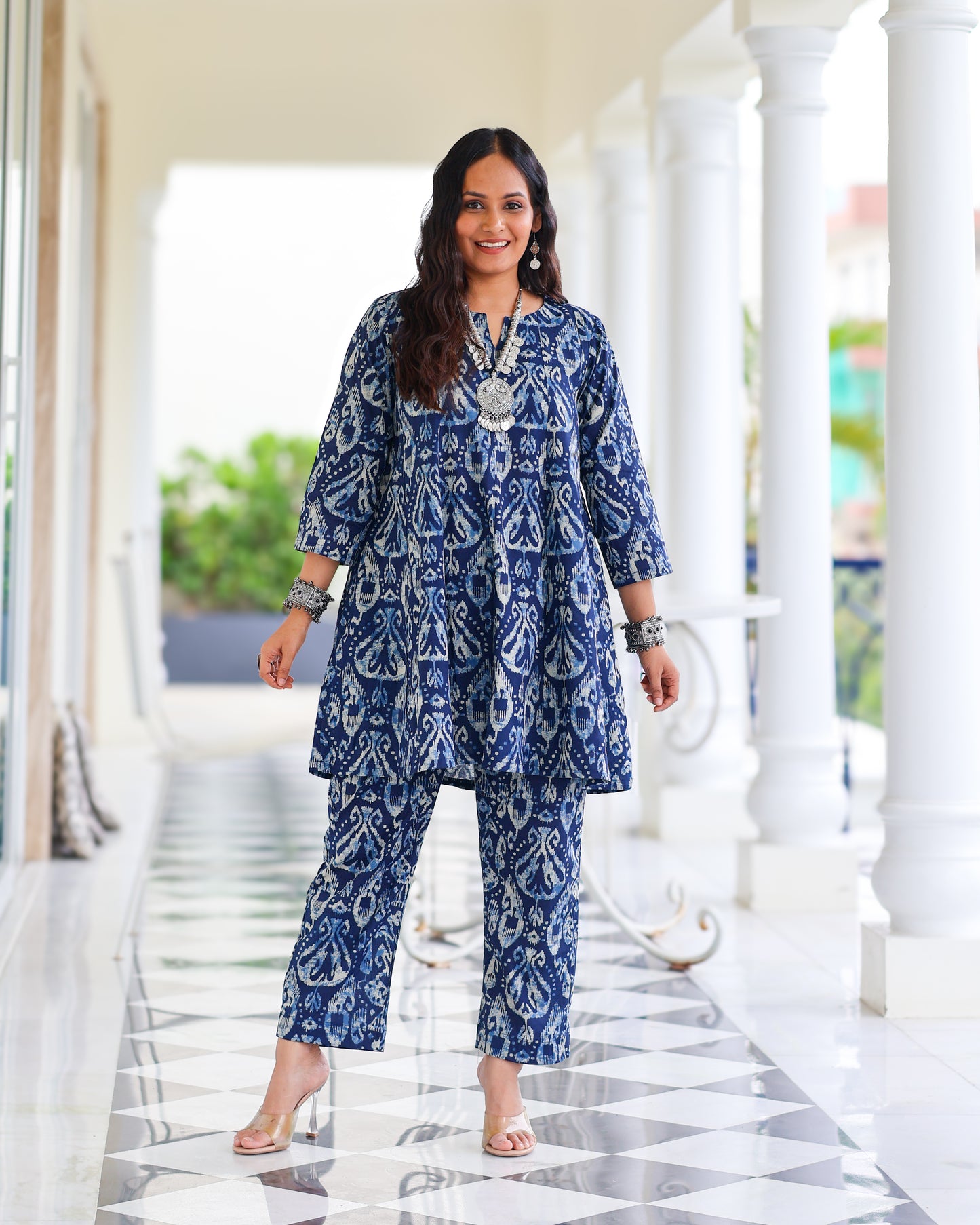 Kavya Blue Ikat Print Short Cotton Kurta Set