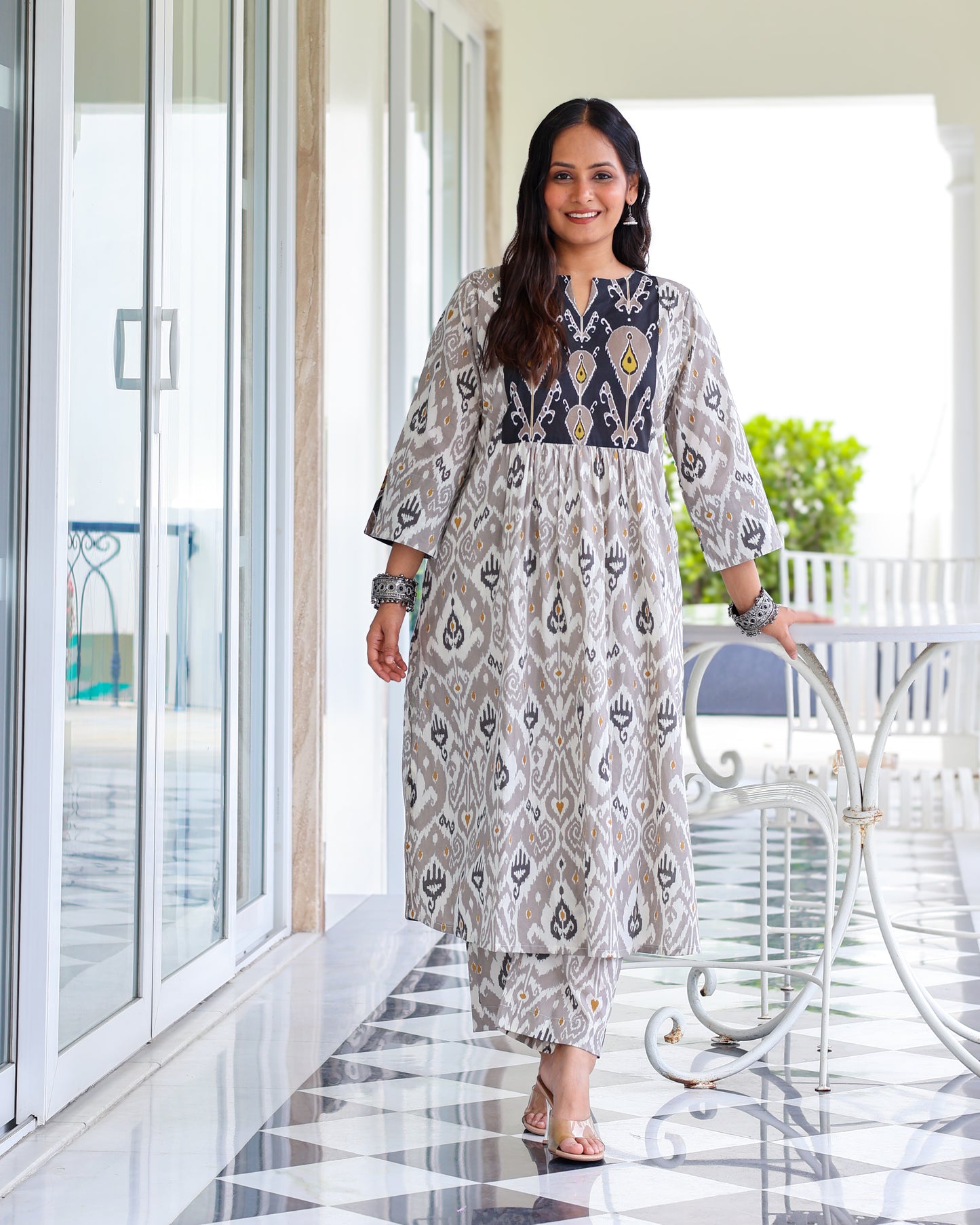 Vedika Grey Ikat Cotton Kurta Set