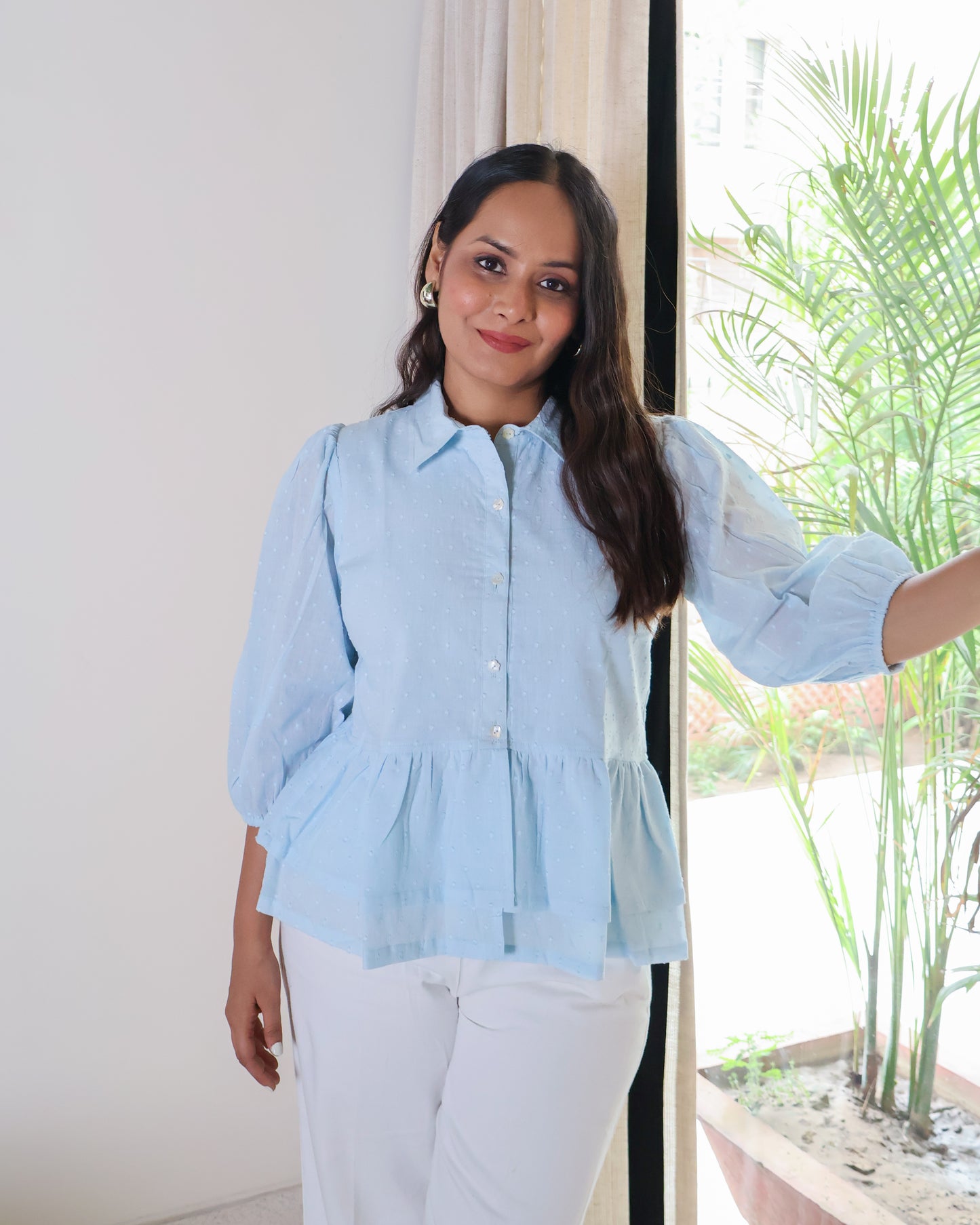 Angelina Collared Peplum Textured Cotton Top