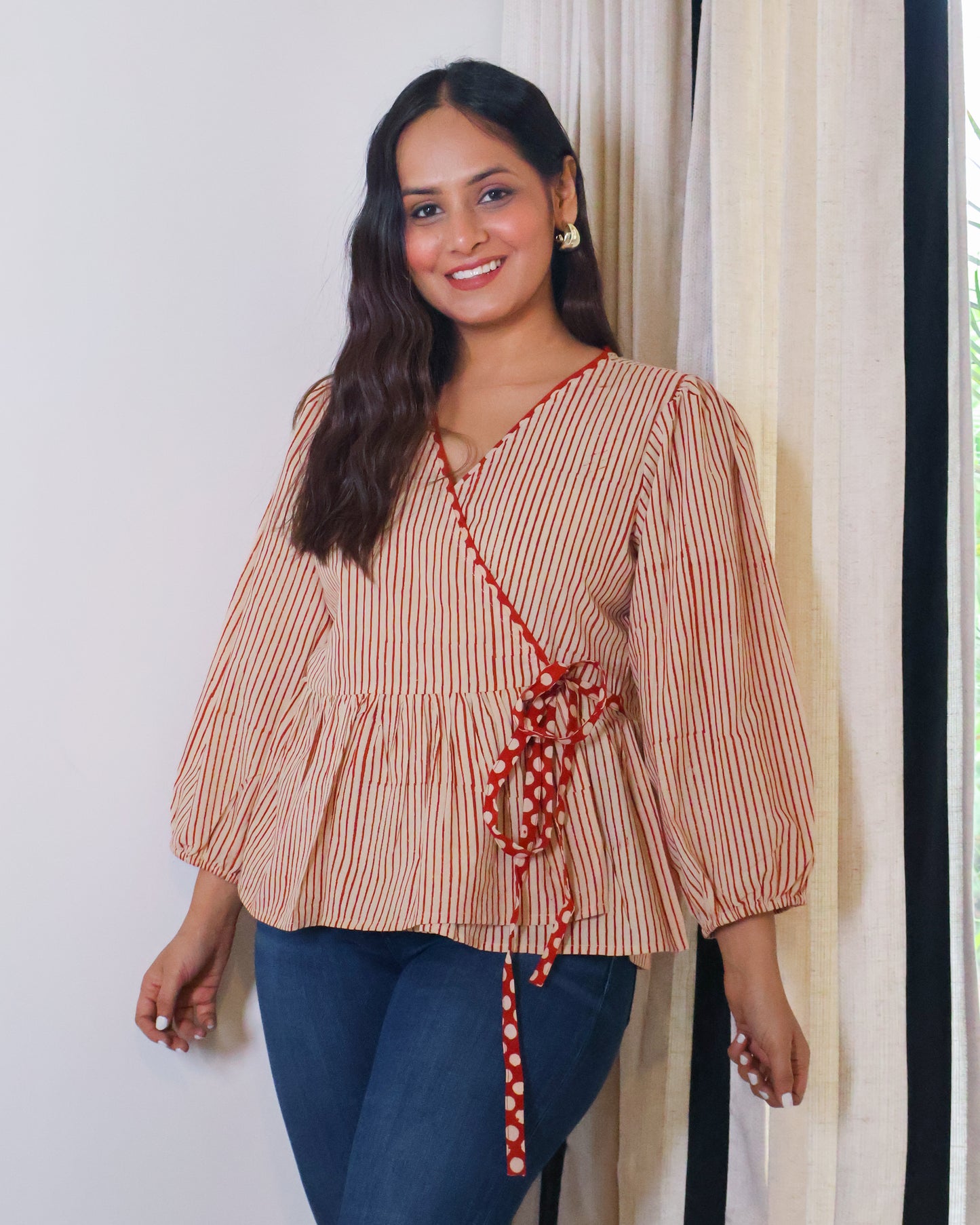 Sarah Striped HandBlock Print Wrap-style Cotton Top