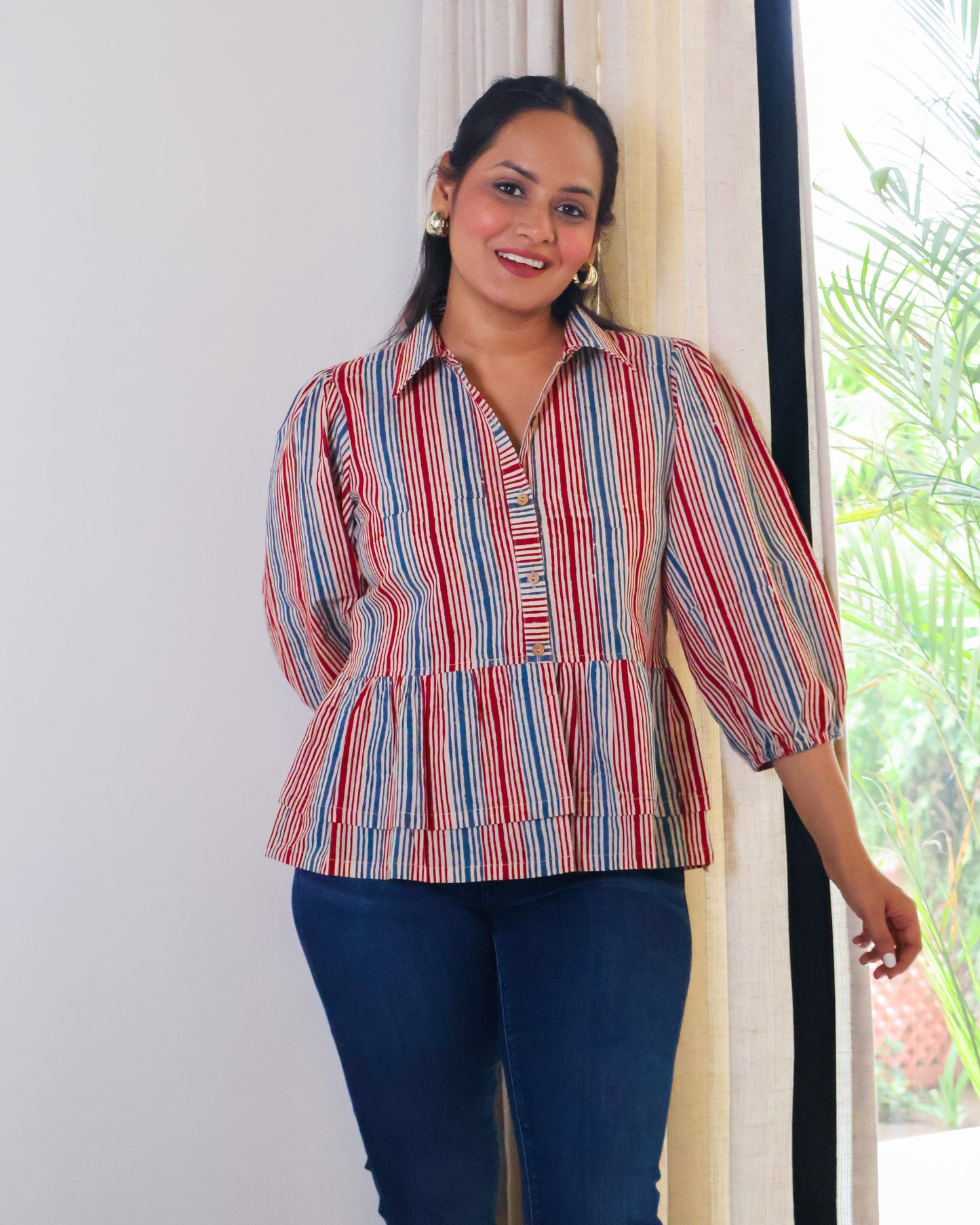 Faith Striped HandBlock Print Collared Peplum Cotton Top