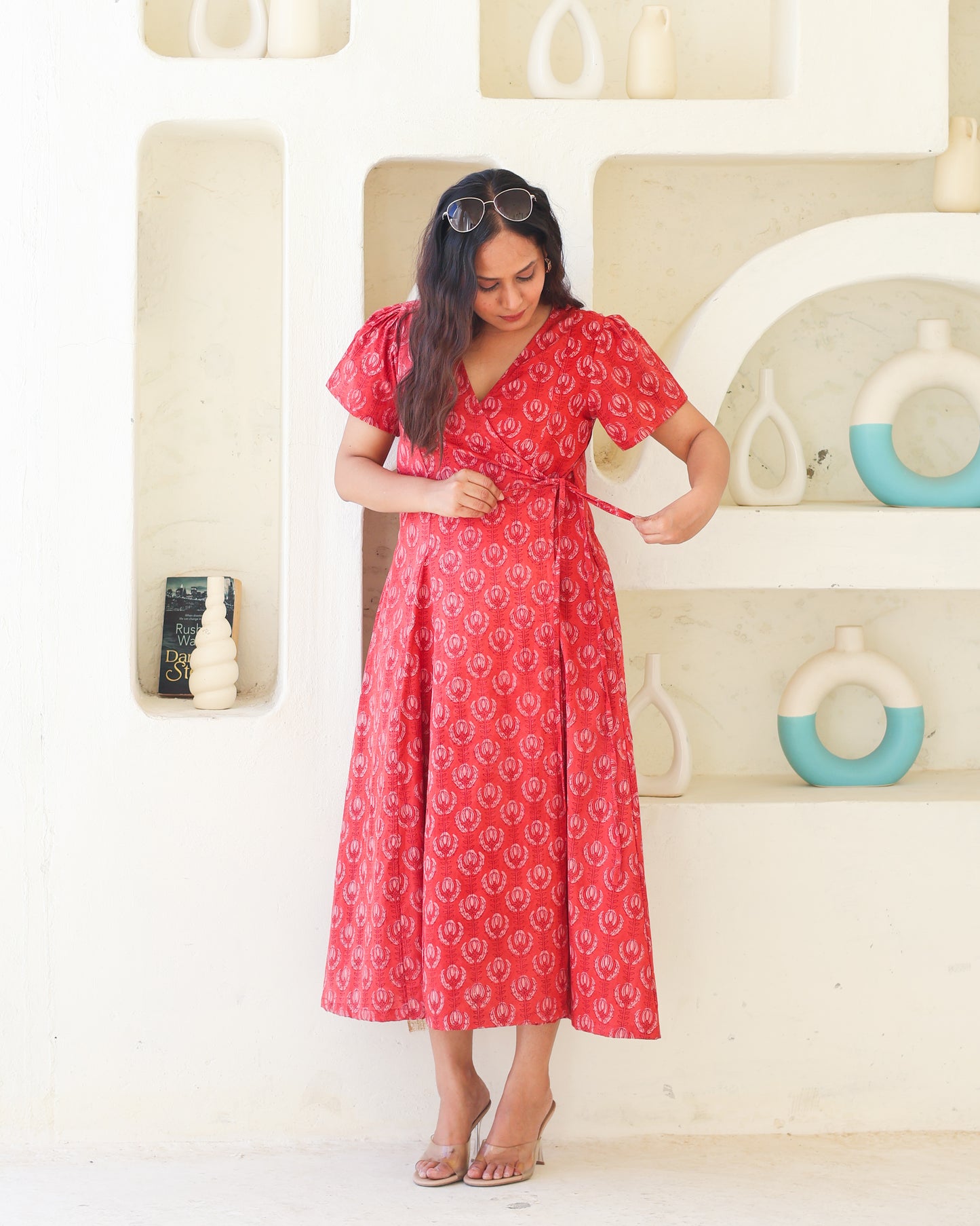 Eleanor Red Handblock Print Wrap Dress