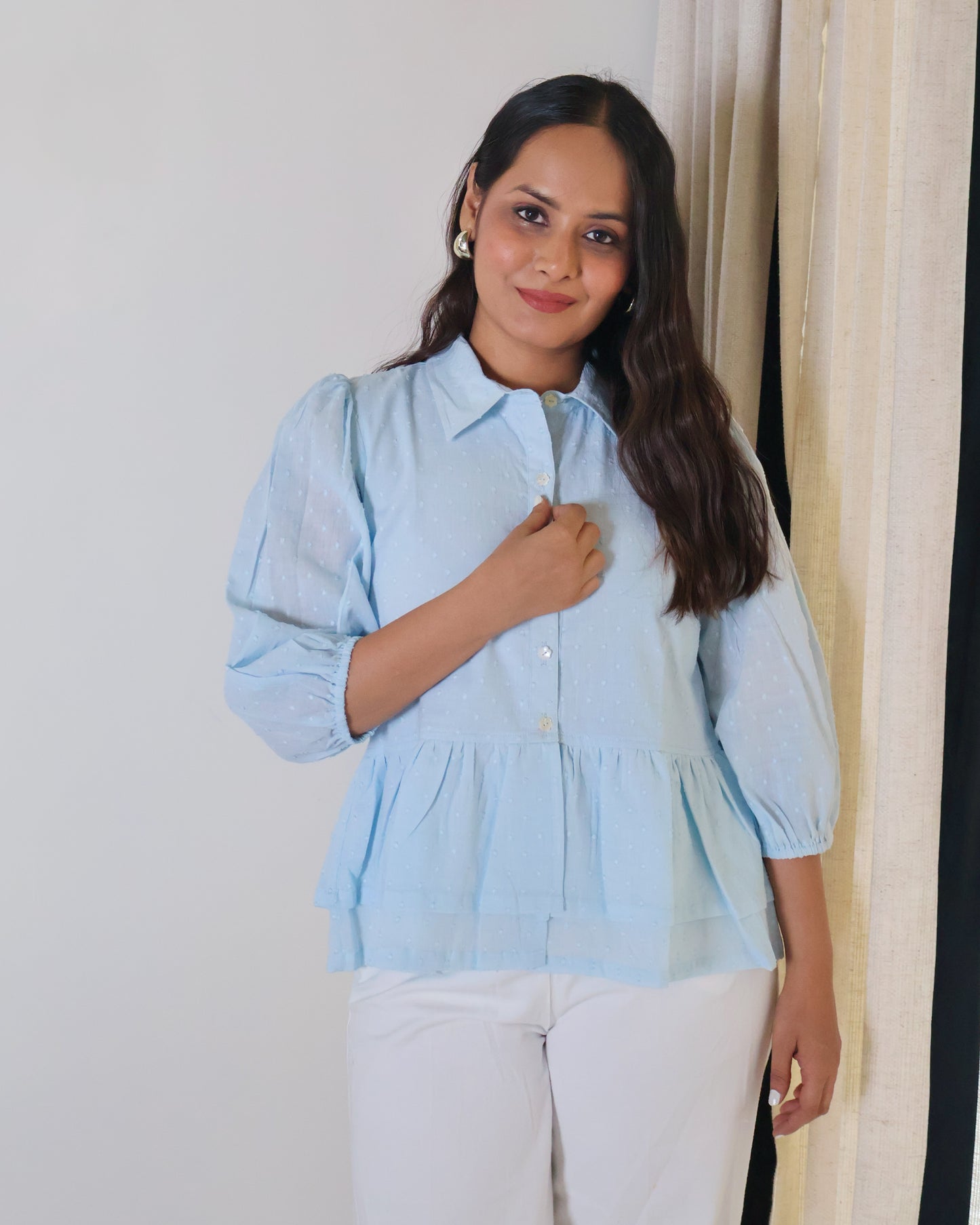 Angelina Collared Peplum Textured Cotton Top