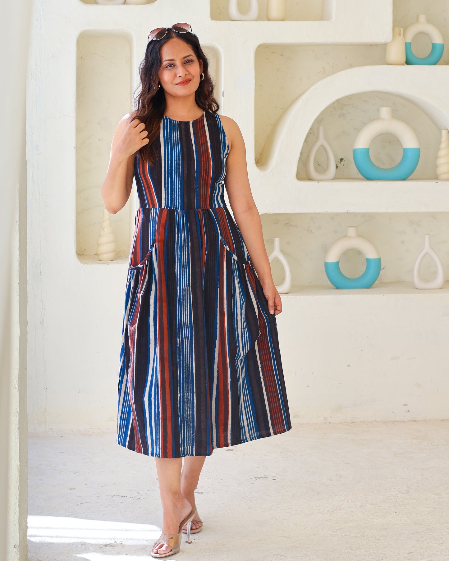 Megan Striped Jahota HandBlock Print Midi Dress