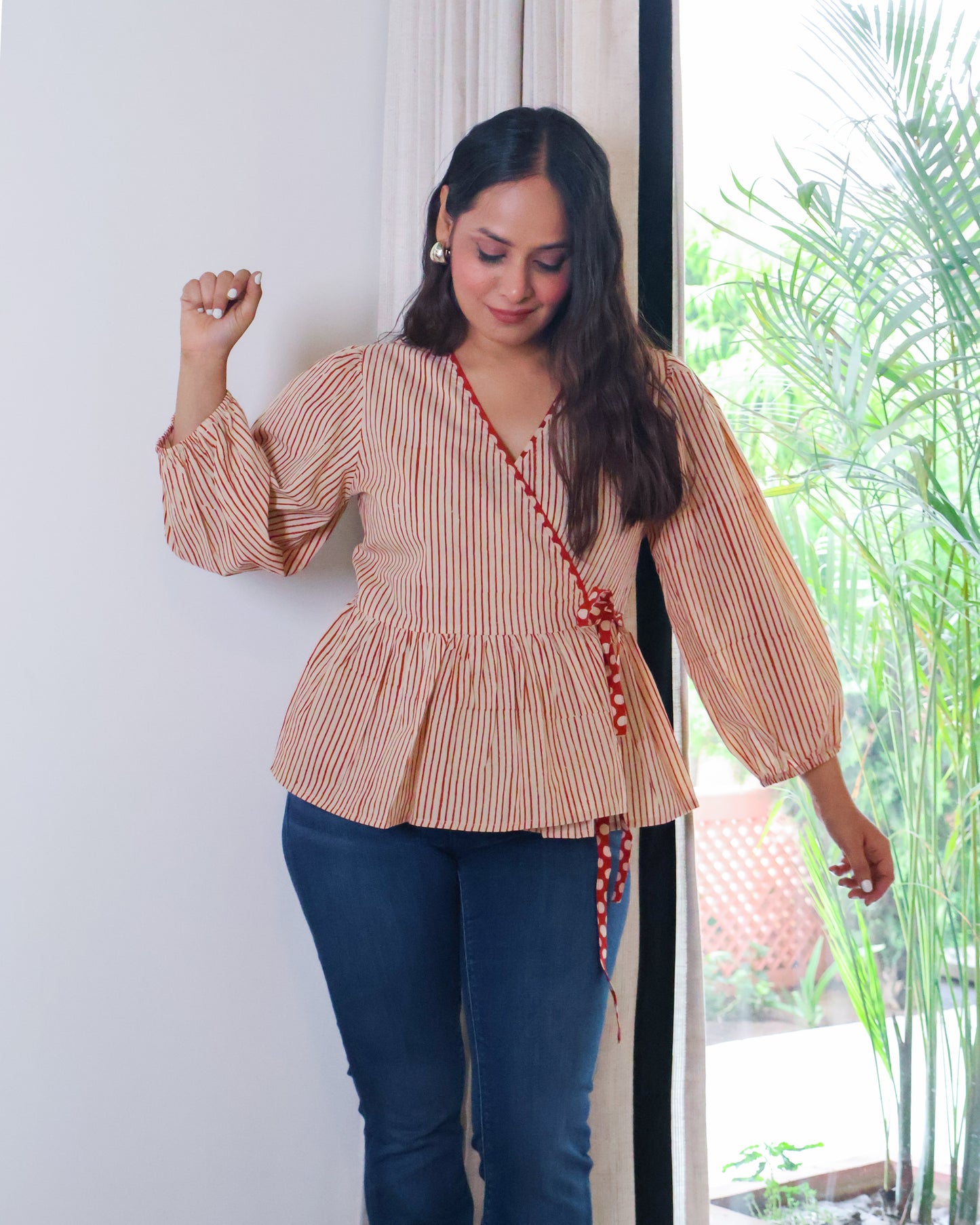 Sarah Striped HandBlock Print Wrap-style Cotton Top