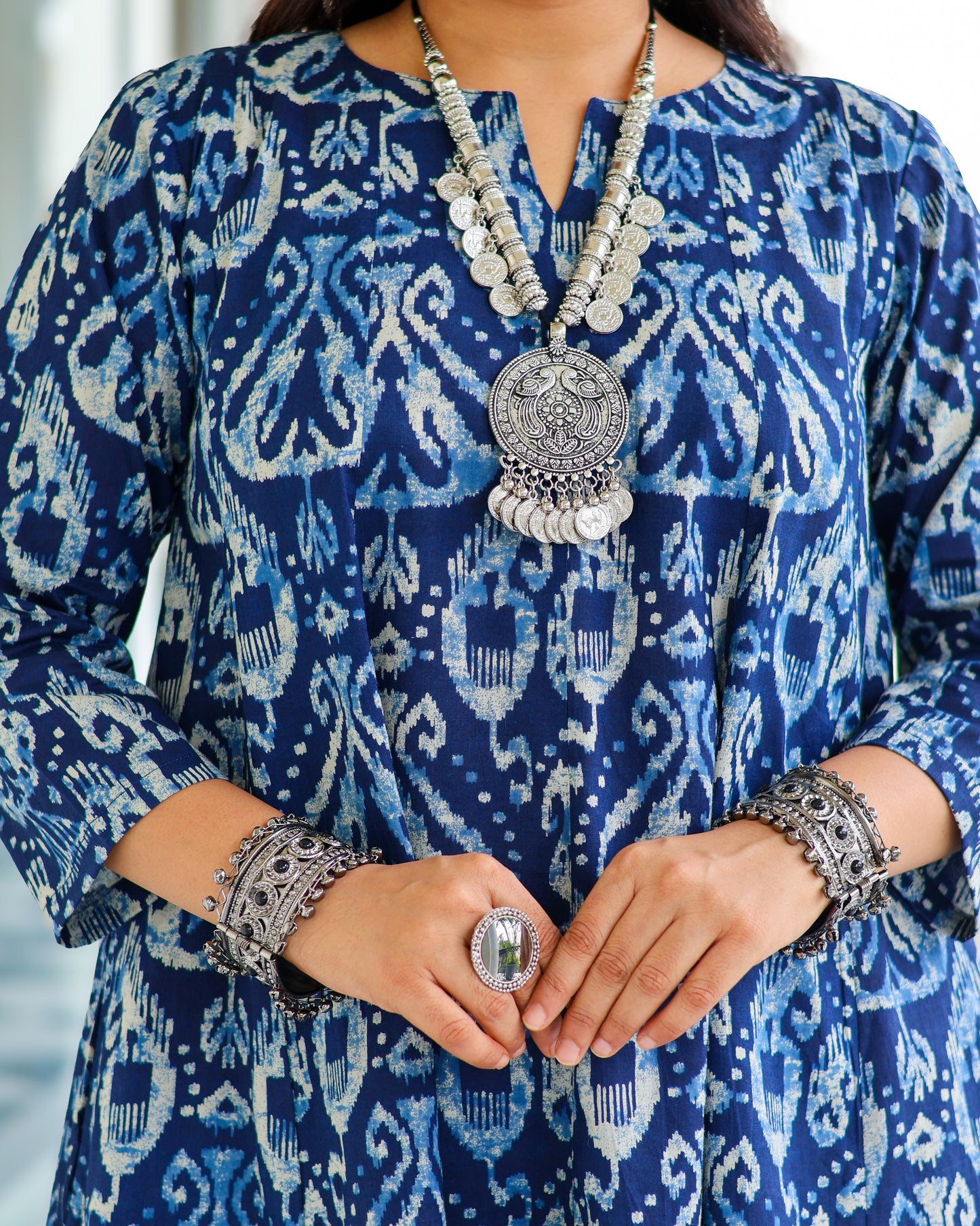 Kavya Blue Ikat Print Short Cotton Kurta Set