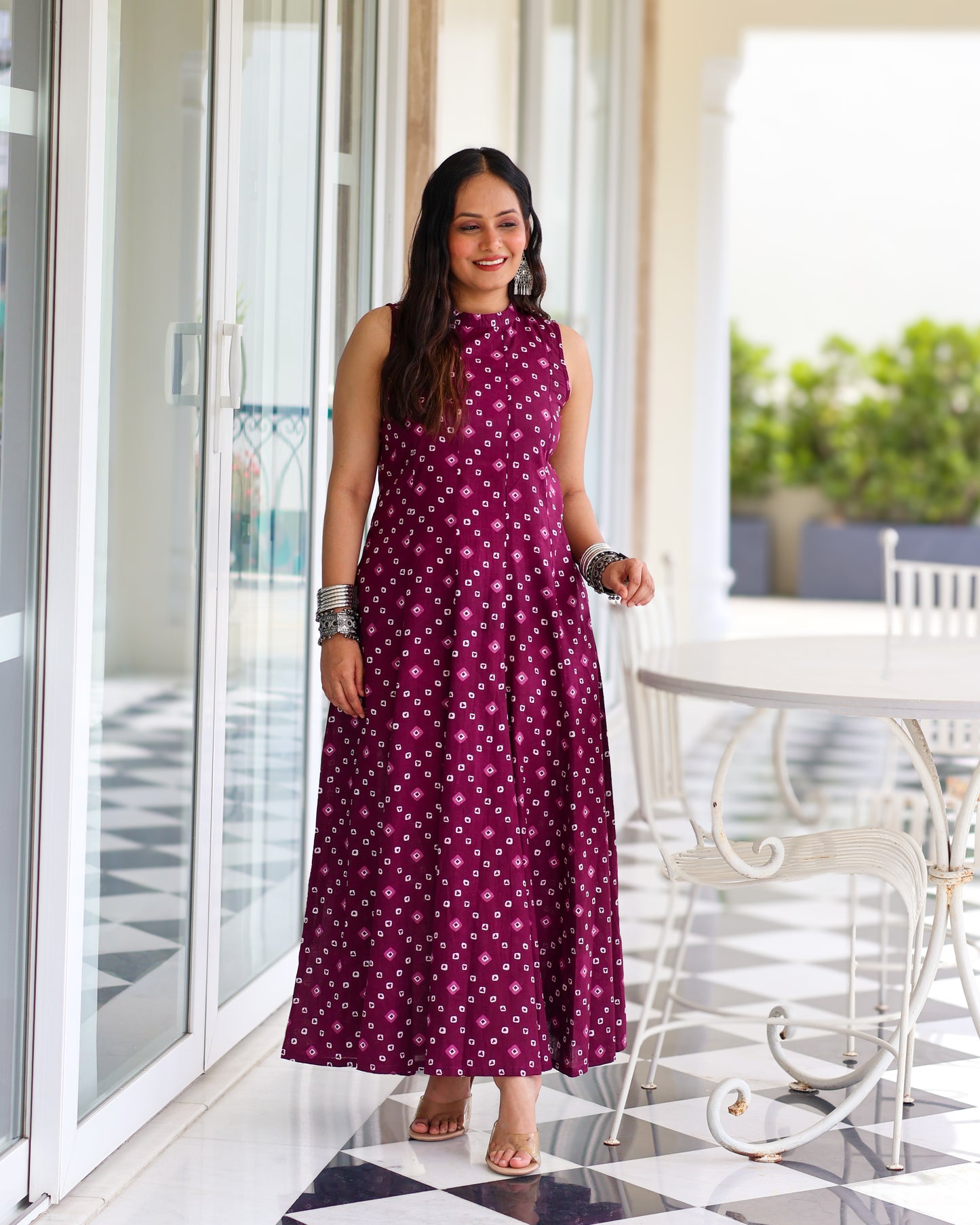 Aditi Purple Bandhani Print Cotton Maxi Dress