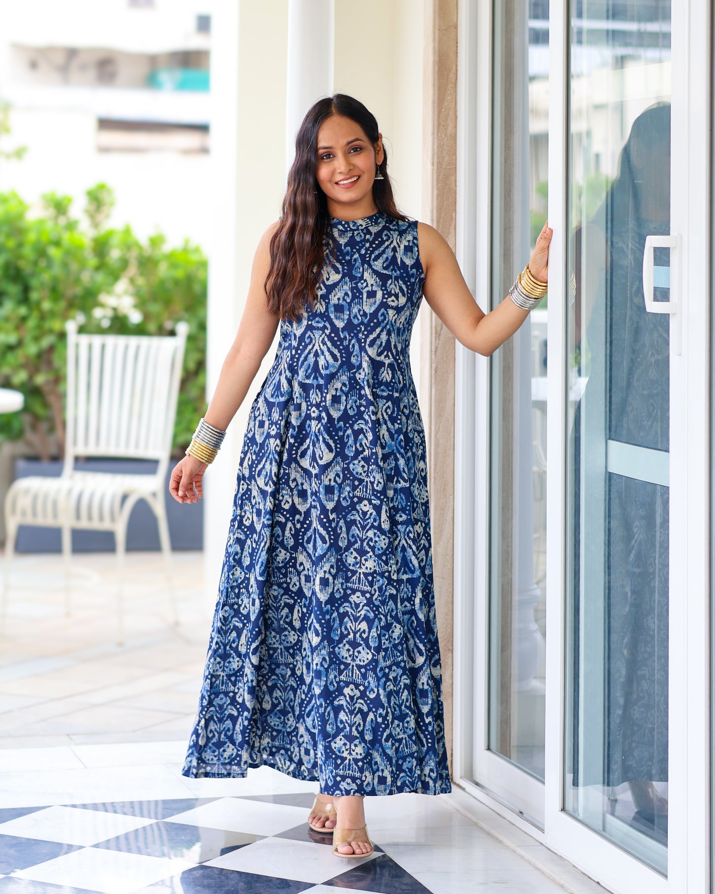 Kavya Blue Ikat Print Cotton Maxi Dress