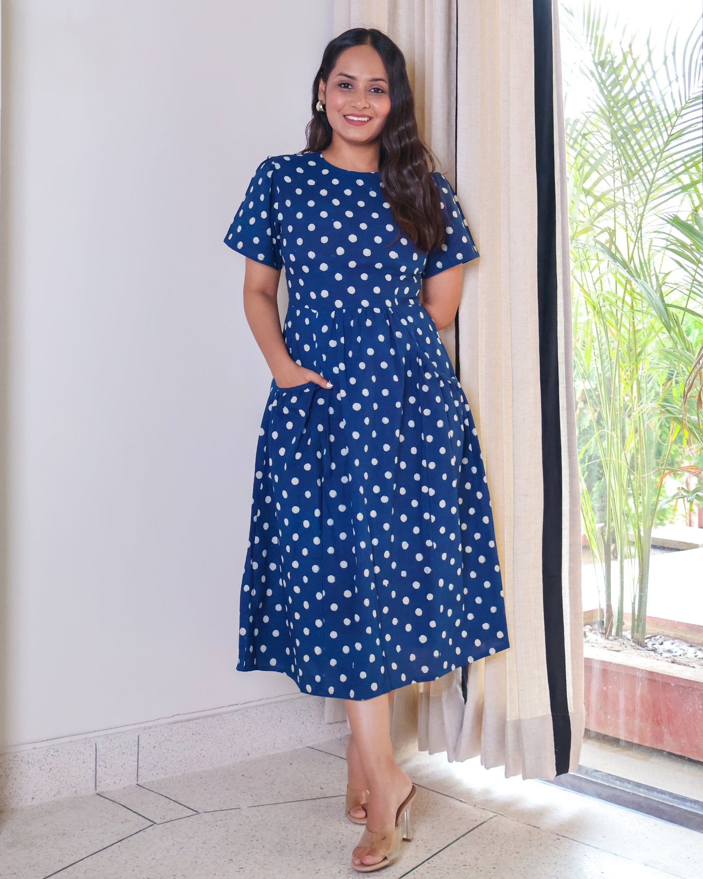 Stella Indigo Handblock Print Cotton Midi Dress