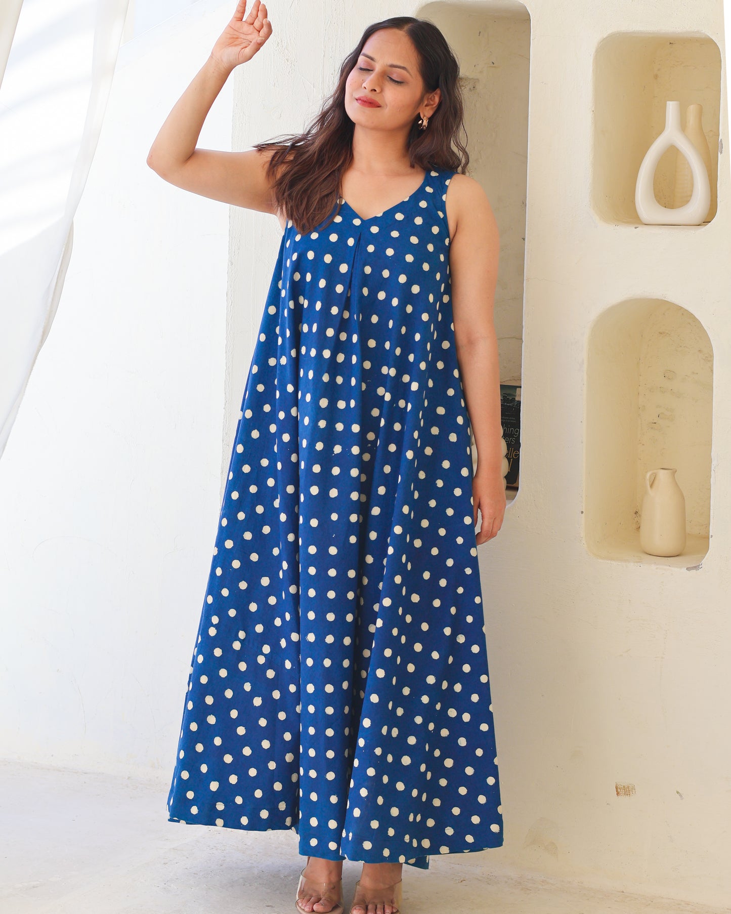 Stella Indigo Polka HandBlock Dabu Print Cotton Maxi Dress
