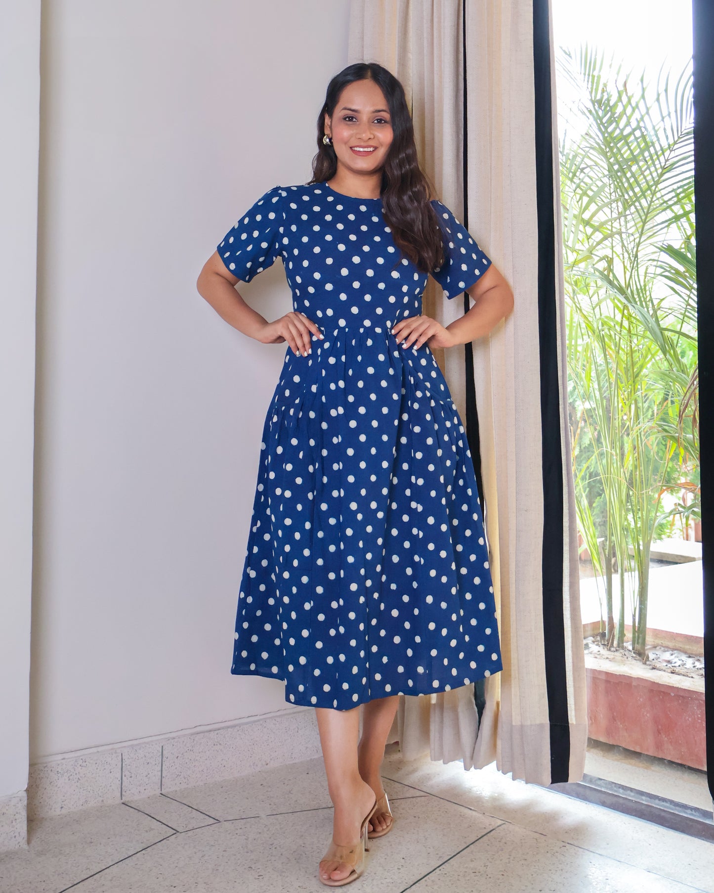 Stella Indigo Handblock Print Cotton Midi Dress