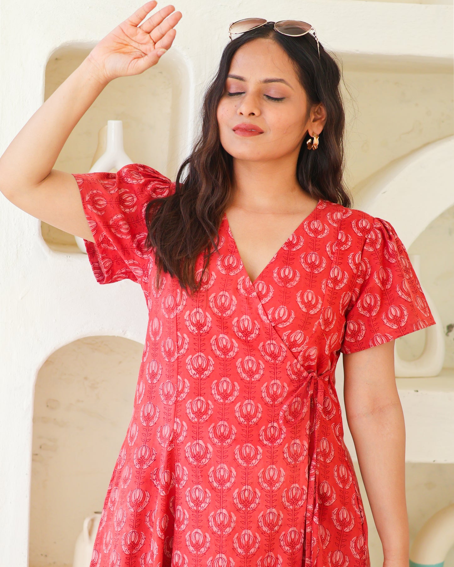 Eleanor Red Handblock Print Wrap Dress