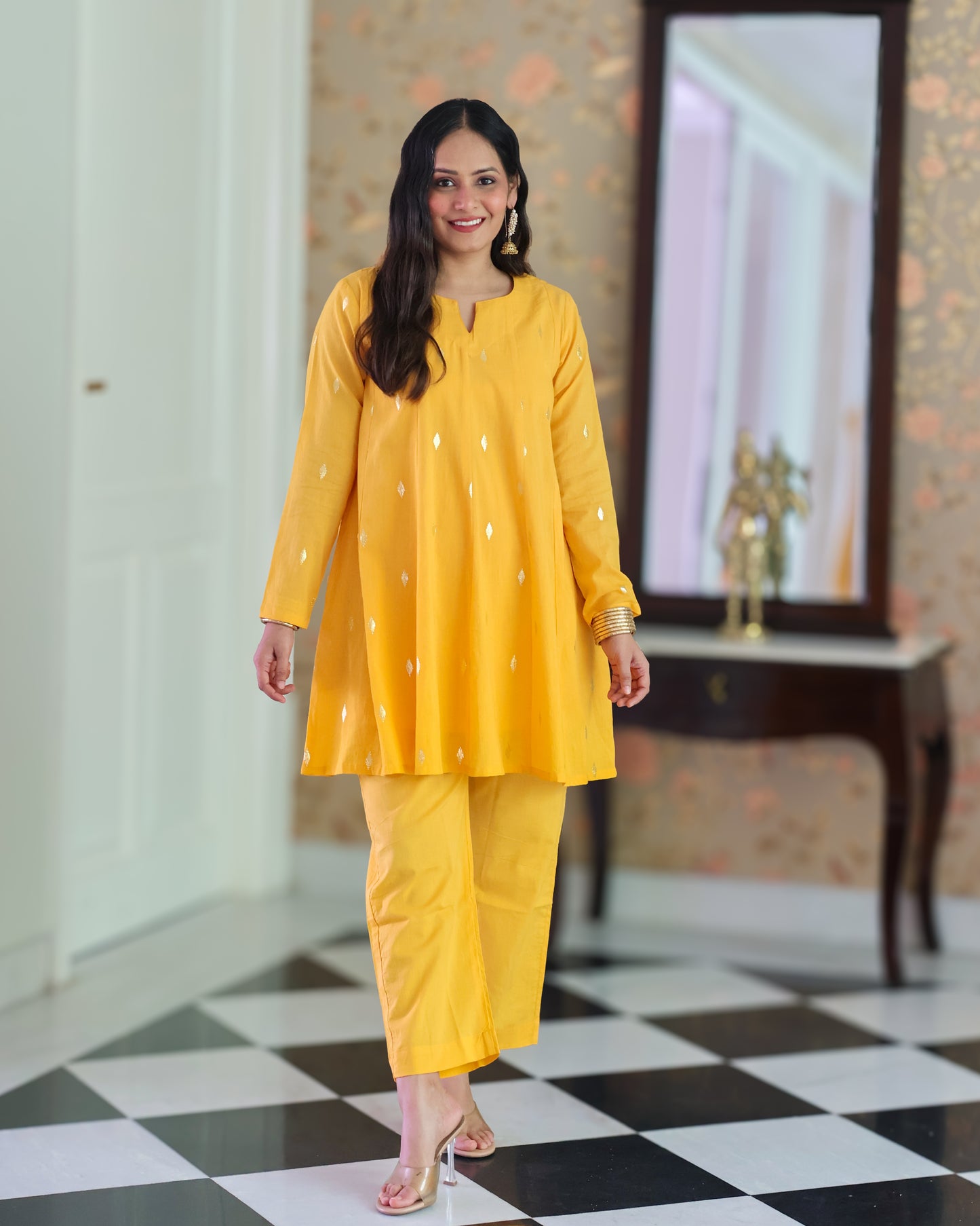 Kesar Yellow Cotton Lurex Short Kurta Set
