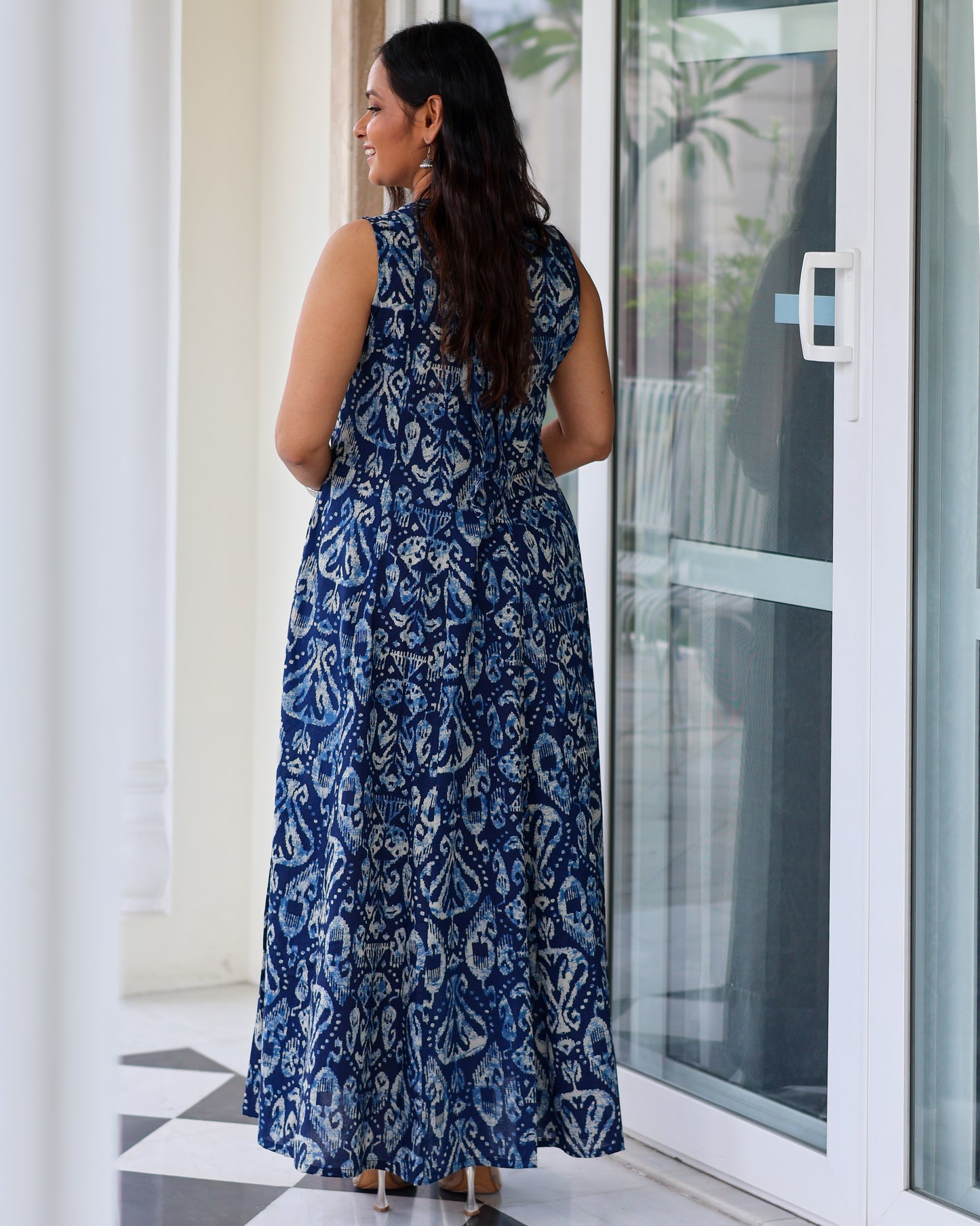 Kavya Blue Ikat Print Cotton Maxi Dress