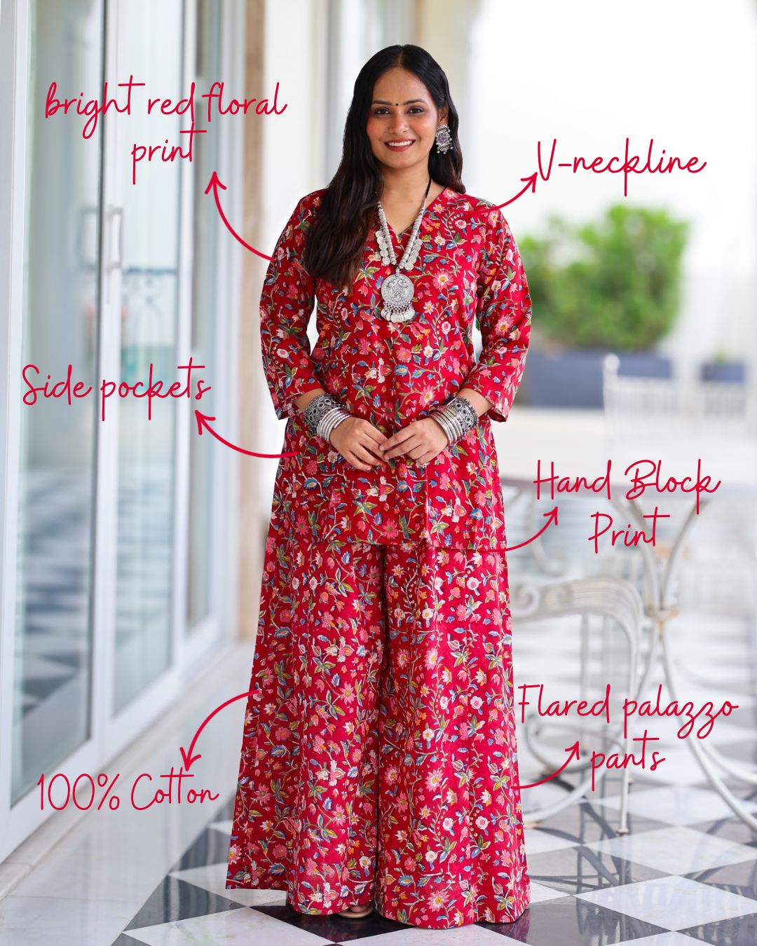 Juliet Red HandBlock Print Kurta Palazzo Set