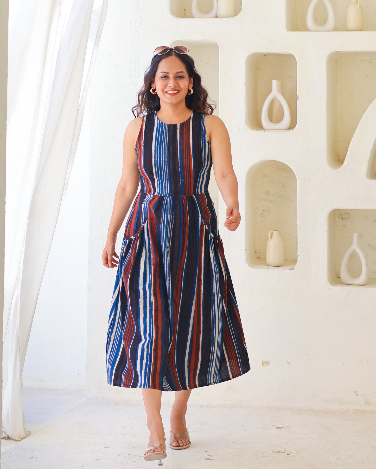 Megan Striped Jahota HandBlock Print Midi Dress