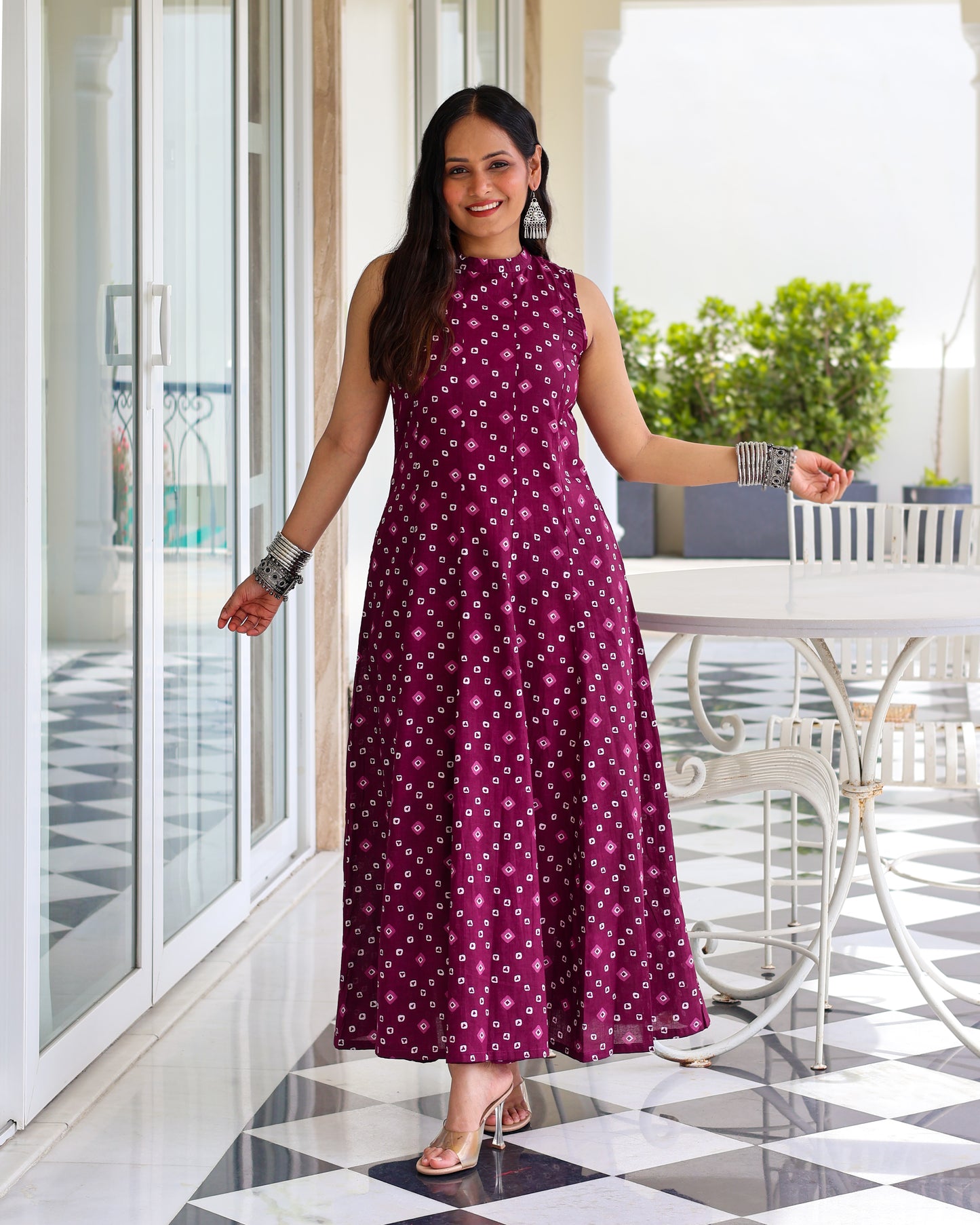 Aditi Purple Bandhani Print Cotton Maxi Dress