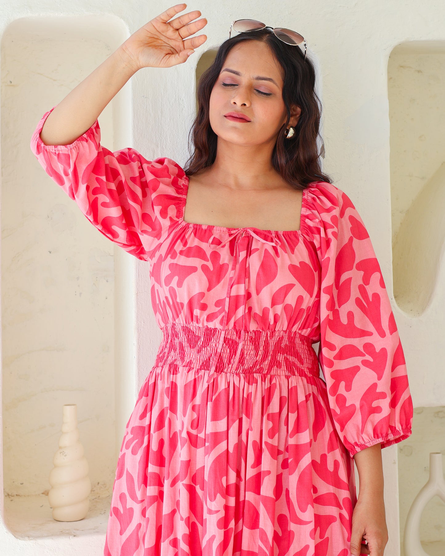 Jules Pink Cotton Tiered Midi Dress