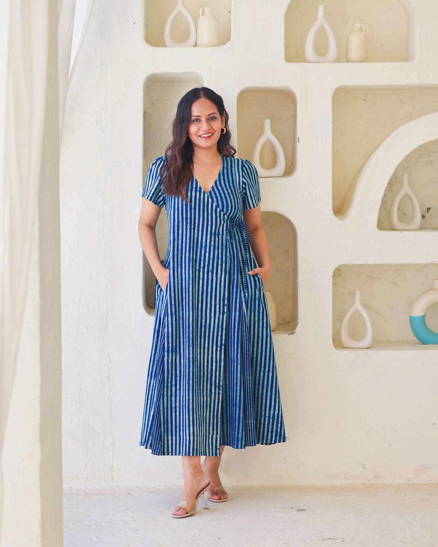 June Indigo HandBlock Dabu Stripes Print Cotton Wrap Dress