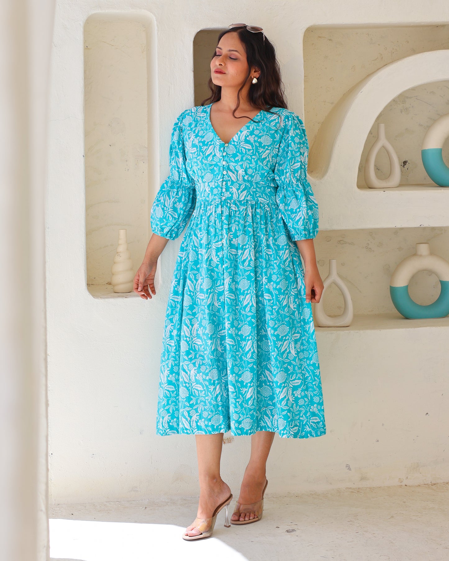 Bella Blue Fit-and-Flare Cotton Midi Dress