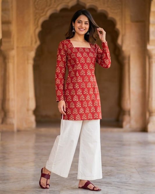 Naina Red HandBlock Printed Corset Back Kurti