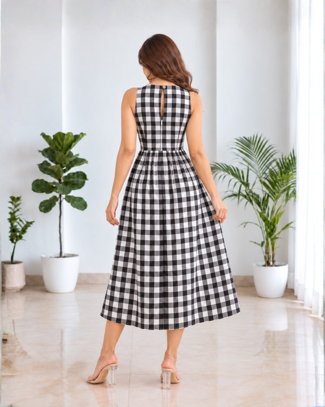 Arya Checkered Black Cotton Midi Dress