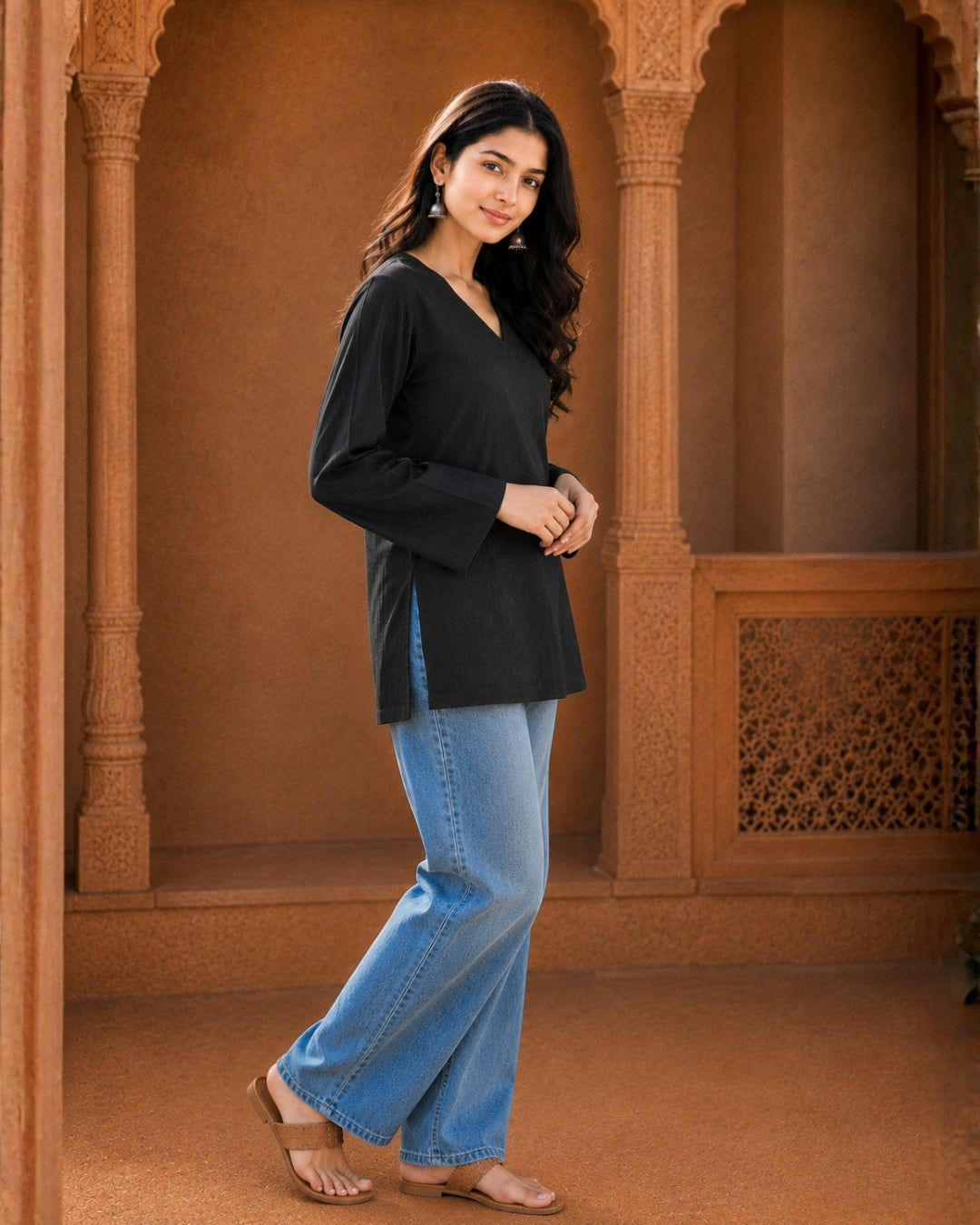 Nina Black Cotton Sleeved Short Kurti