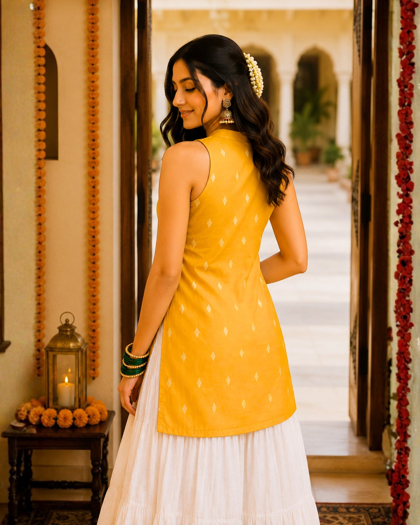 Kesar Mustard Yellow Cotton Lurex Short Kurti