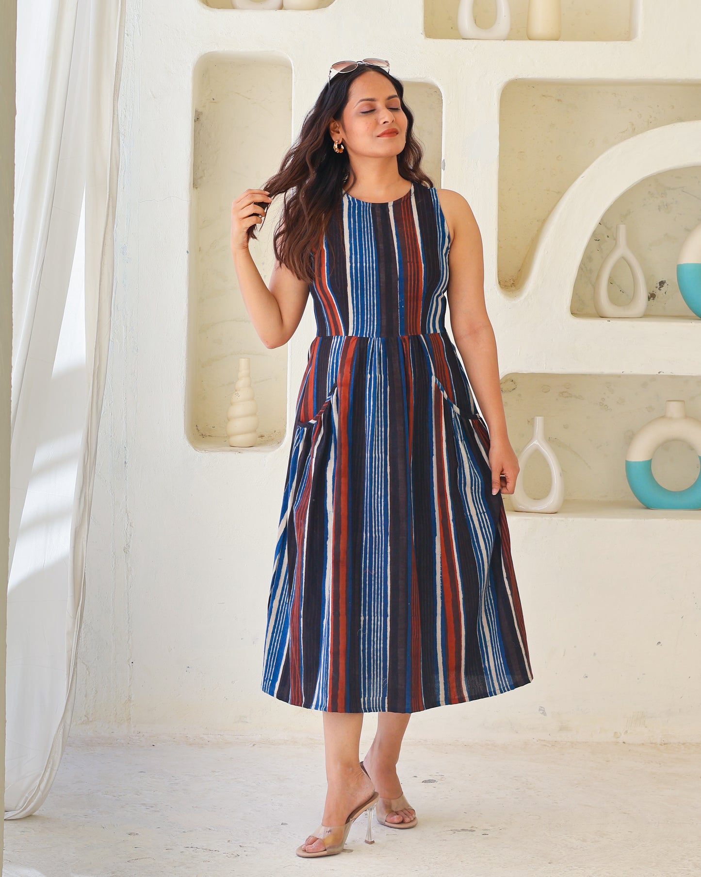Megan Striped Jahota HandBlock Print Midi Dress