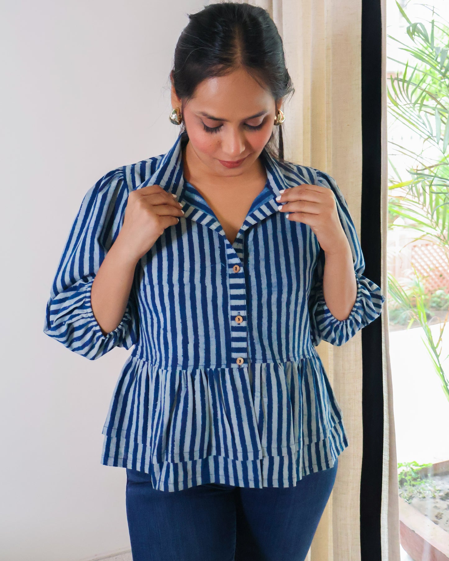 June Indigo Striped HandBlock Print Collared Peplum Cotton Top