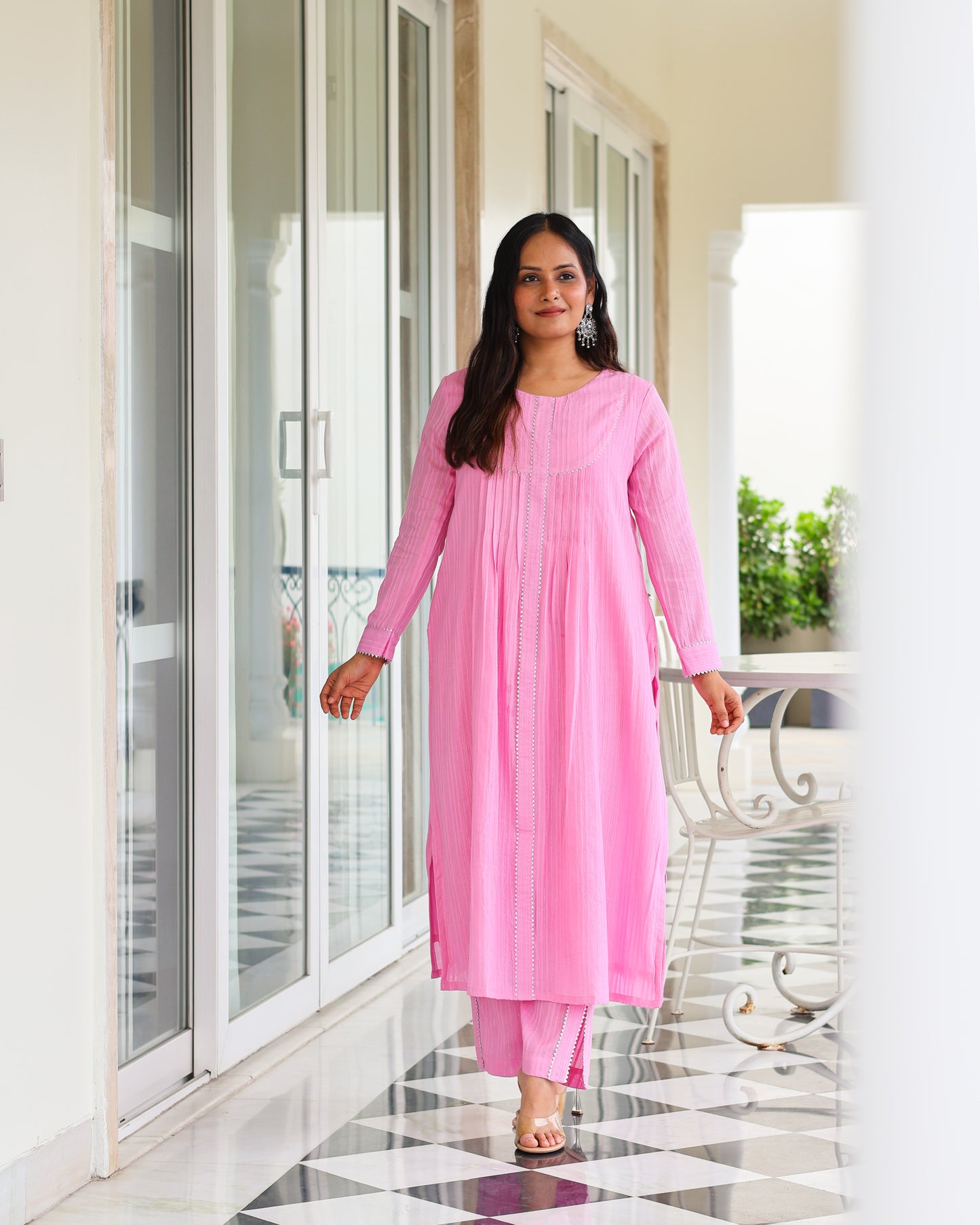 Harleen Pink Cotton Lurex Straight Kurta Set